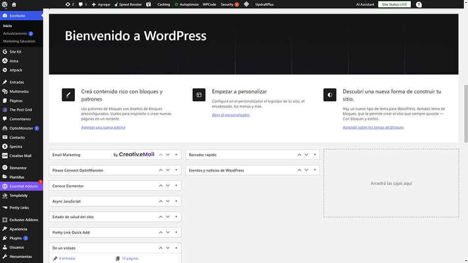 Panel de wordpress para crear sitio web